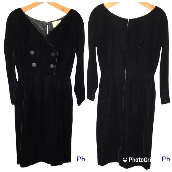 Vintage 50's Black Velvet Long Sleeve Cocktail Party Dress, LBD, 60's Wiggle - Picture 1 of 16